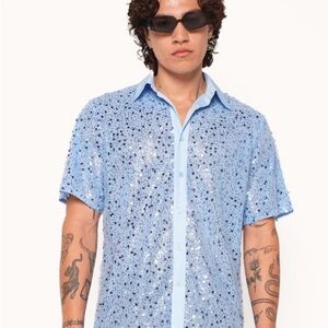3XL NEW Men's Blue Sequin Shirt